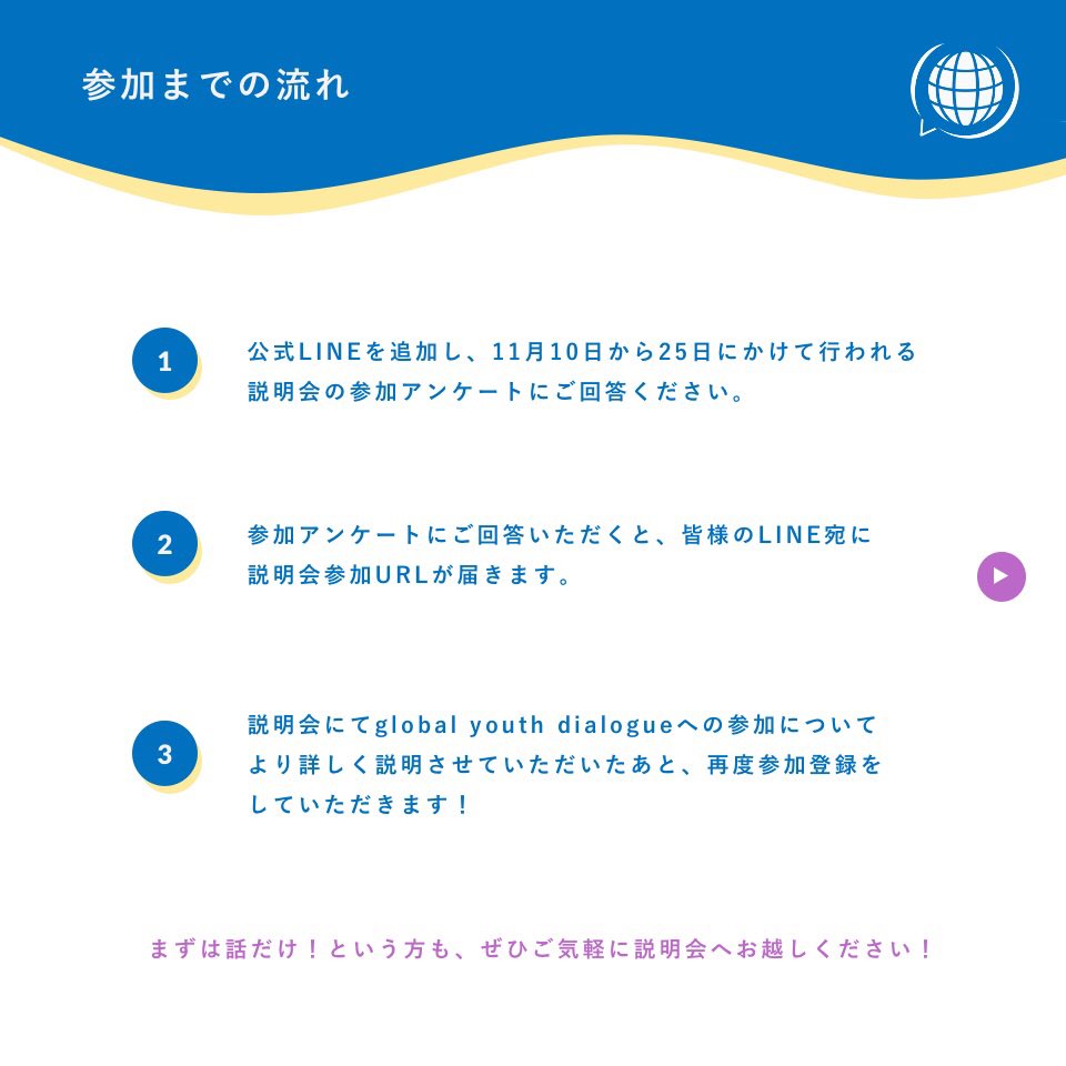 aiesecjapan's tweet photo. global youth dialogueを開催します。

期間：12/11-15の5日間
内容：日ごとに提示されるトピックを中心に、ビデオ通話で海外の学生と交流を行います🌎

※毎日1時間のビデオ通話が必須となりますが、ペアと時間帯の調整は可能です。

▼詳細情報・説明会参加は公式LINEから！
https://t.co/X8ViiX7QXi https://t.co/xVY6sDiQmH