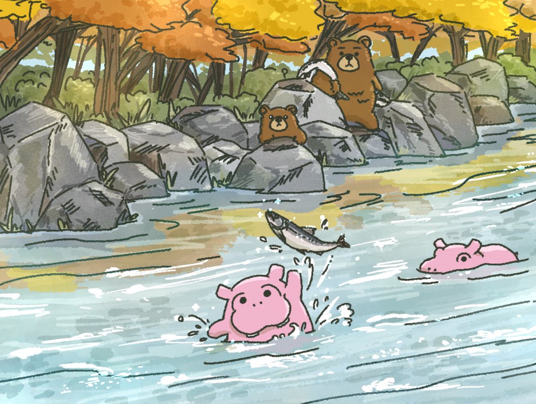 「川で鮭を獲るカバさん
#カバ #かば #イラスト #鮭 」|くれましゃんのイラスト