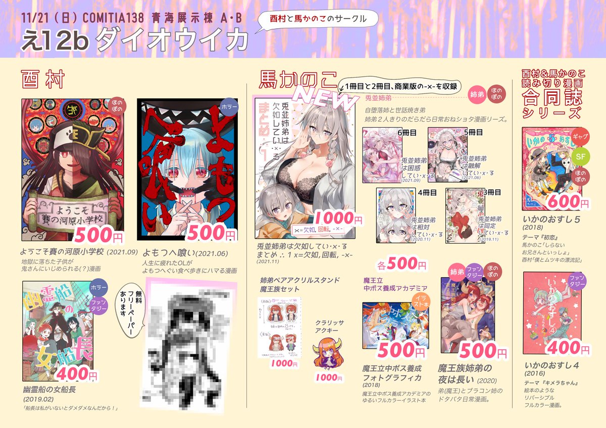 明日のCOMITIA138【え12b】ダイオウイカのおしながきです。
新刊は兎並姉弟のまとめ本①です。ちょうど在庫切れてる1冊目と2冊目と、商業読み切り版と、2冊目のときのペーパーの漫画と、未公開のおまけ2ページを収録した全100ページの本です。描き下ろしは未公開の2ページと表紙ともくじのカラーです。 