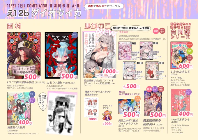 明日のCOMITIA138【え12b】ダイオウイカのおしながきです。
新刊は兎並姉弟のまとめ本①です。ちょうど在庫切れてる1冊目と2冊目と、商業読み切り版と、2冊目のときのペーパーの漫画と、未公開のおまけ2ページを収録した全100ページの本です。描き下ろしは未公開の2ページと表紙ともくじのカラーです。 