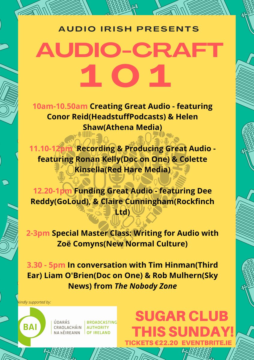 Irish Audio Producers (@audio_irish) on Twitter photo If you're a student or unwaged, we have a special 10euro rate just for you. Come & learn how to craft great Podcast & Radio from some of the most experienced audio makers in Ireland. #audiocraft101 kicks off 10am tomorrow <a href="/sugarclubdublin/">The Sugar Club</a> eventbrite.ie/organizations/… If you're a student or unwaged, we have a special 10euro rate just for you. Come & learn how to craft great Podcast & Radio from some of the most experienced audio makers in Ireland. #audiocraft101 kicks off 10am tomorrow <a href="/sugarclubdublin/">The Sugar Club</a> eventbrite.ie/organizations/…
