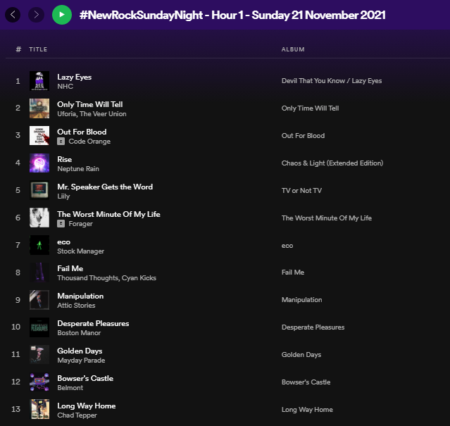This week's @MJMStrategies #NewRockSundayNight Hour 1 -- (21 November 2021): 

1 of 2 

<a href="/nhcmusicofcl/">NHC</a> 
<a href="/UforiaBand/">Uforia</a> &amp; <a href="/TheVeerUnion/">The Veer Union</a> 
<a href="/codeorangetoth/">CODE ORANGE</a> 
<a href="/neptune_rain/">Neptune Rain</a> 
<a href="/Liilytheband/">Liily</a> 
<a href="/Forager_Music/">Forager</a> 
#StockManager 

open.spotify.com/playlist/6rs7q…