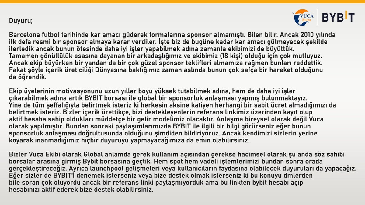 Vuca Borsa olarak global crypto para borsası Bybit ile partnerlik anlaşması yapmış bulunmaktayız.

Bizim yanımızda olmak isterseniz eğer referans linkimiz;
partner.bybit.com/b/vucaborsa