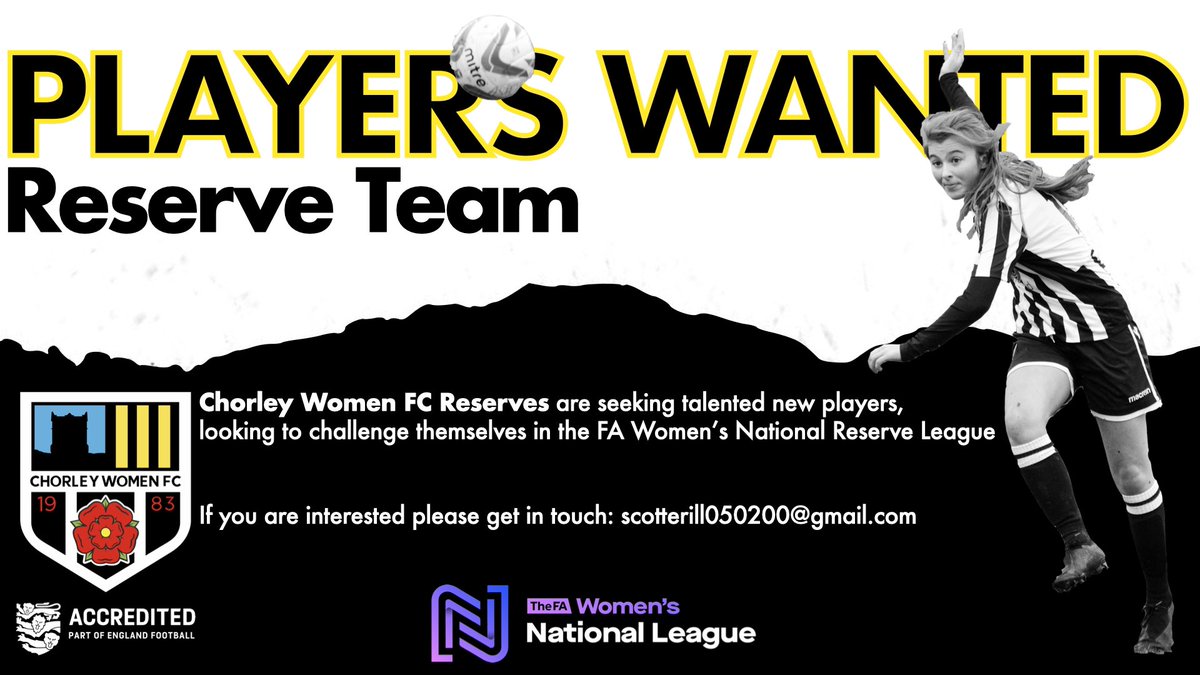 chorleywomenfc's tweet image. 🚨PLAYERS🚨

We are looking to add players to our talented Reserve team. If you are interested in playing National League football, please get in touch. With a proven 'player pathway' to First Team football, we support all those wanting to progress their football careers.