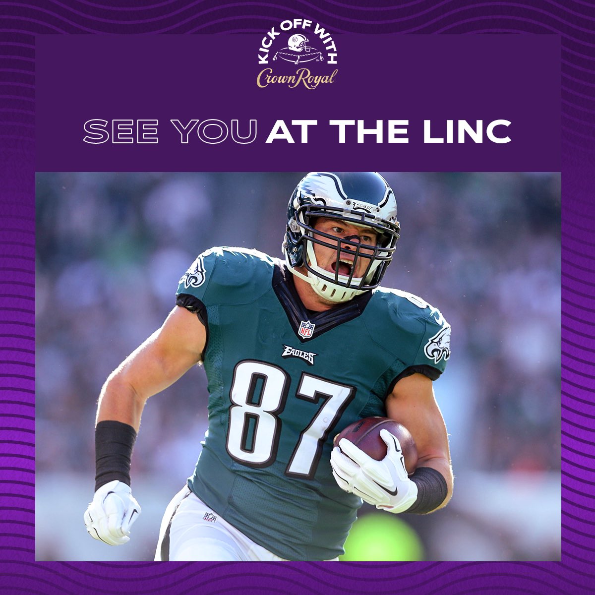 BrentCelek's tweet photo. #ad What’s up Eagles fans!? Tomorrow, pre-game, I’ll be in the Plaza at the Linc packing @CrownRoyal purple bags for our troops. Come on down, say hello, and pack some bags for our heroes overseas.  Look forward to meeting you all! #FlyEaglesFly https://t.co/HJFY4Q5lZe