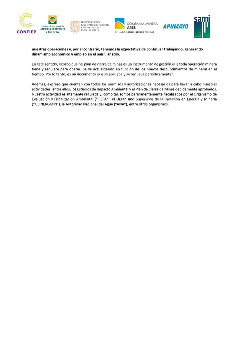 snmpeperu's tweet photo. 🔴 [Nota de prensa]: Confiep, SNMPE, IIMP y empresas mineras rechazan medida arbitraria e ilegal de retirar y cerrar cuatro operaciones mineras en Ayacucho. https://t.co/R8KW4P3cvQ