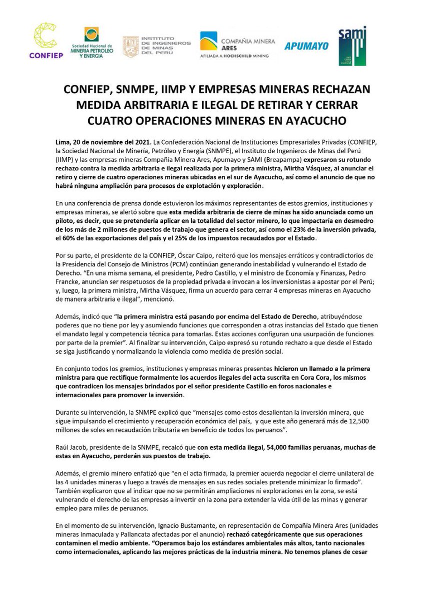 snmpeperu's tweet photo. 🔴 [Nota de prensa]: Confiep, SNMPE, IIMP y empresas mineras rechazan medida arbitraria e ilegal de retirar y cerrar cuatro operaciones mineras en Ayacucho. https://t.co/R8KW4P3cvQ