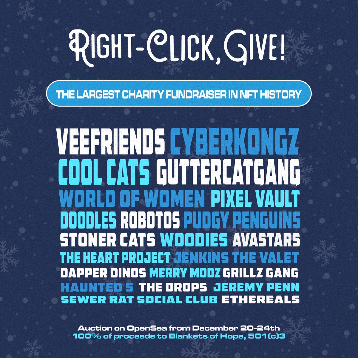 Hey #NFT frens 👋
￼
Let's show the world what we're all about this holiday season by joining forces for a great cause!

Welcome to @rightclickgive - the largest charity fundraising event in NFT history!

NFT Project, Artist, or Collector?
DM us to get involved!