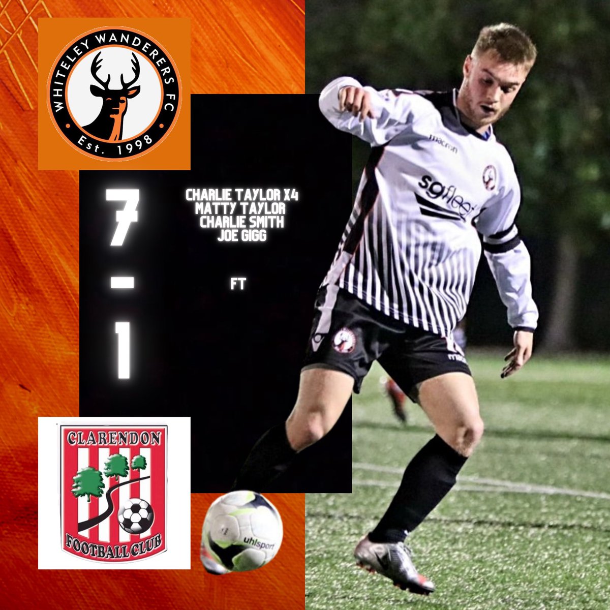 WhiteleyWFC's tweet photo. FT: Whiteley 7-1 Clarendon

Big win for the White’s as we run rampant in the first half, going into the break 6-1 up with 4 goals from @CharlieTaylor70. @gigg_joe, @taylor14_matty and Charlie Smith with the others! #UTW https://t.co/Ffwk5kKjF4