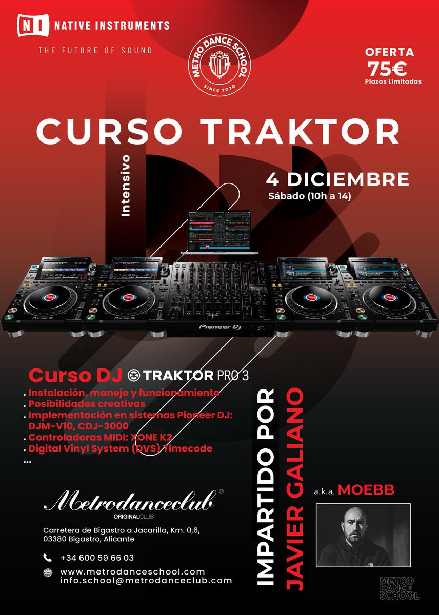 javier_galiano's tweet photo. Fin de semana completo en Bigastro el 4 y 5 de diciembre:
Sábado, 4 | Curso de DJ TRAKTOR
Domingo, 5 | MOEBB @ Metro Dance Club
#metrodanceschool #metrodanceclub #carmen24 #moebb #javiergaliano #traktor #nativeinstruments #pioneerdj #traktorpro3 #traktor3 #cdj3000 #djmv10 #dj https://t.co/adek8t0kyY