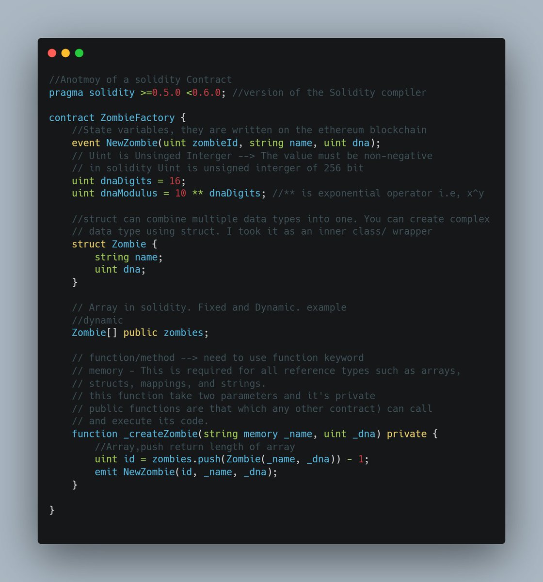 _deedev's tweet image. #Day3 || #100DaysOfCode 
Anatomy of Contract in #SOLIDITY . Sample example from #CryptoZombies 
#web3