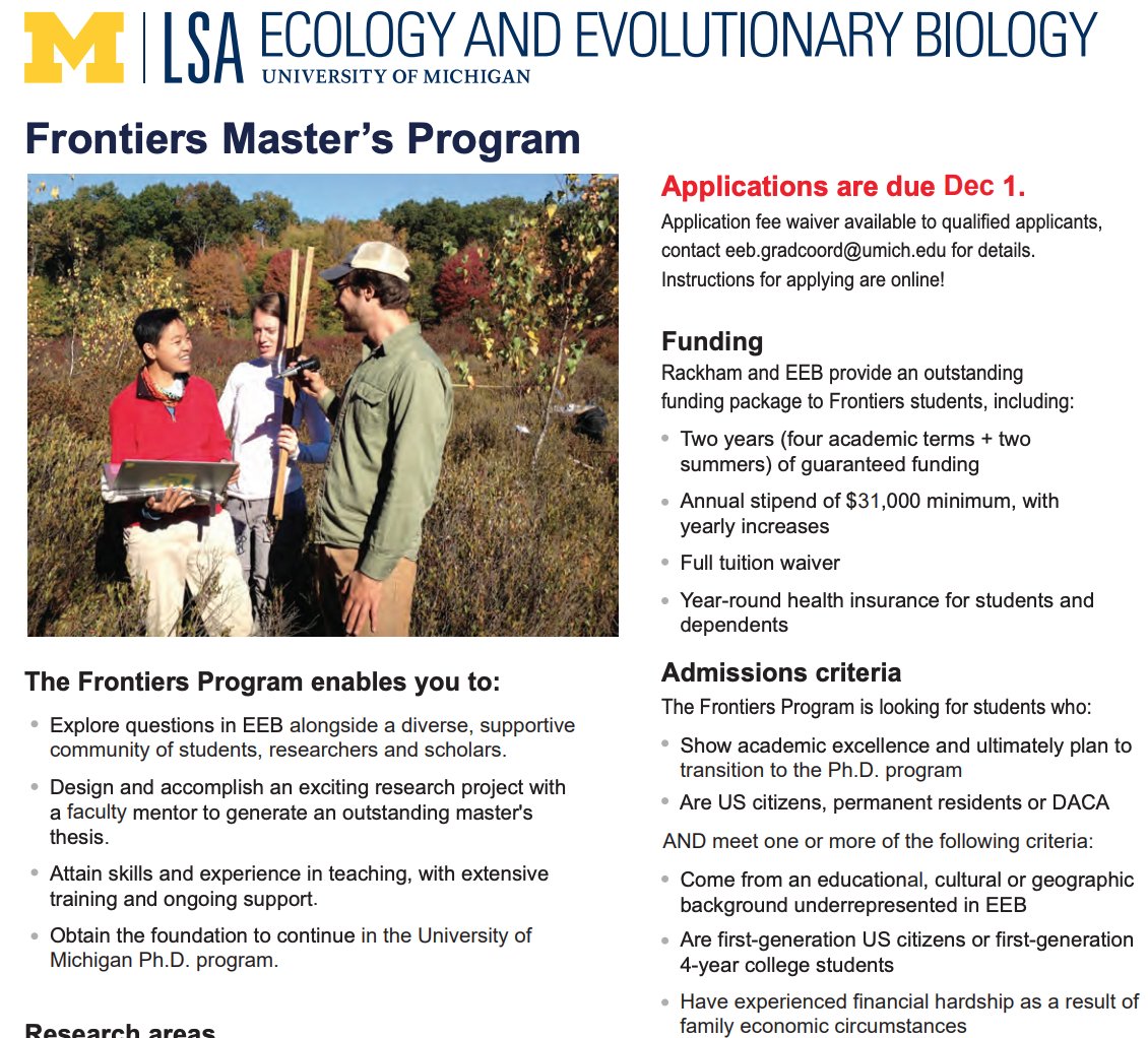 For all my folx coming from underrepresented backgrounds &amp; are interested in grad school programs, the <a href="/UMichEEB/">UMich Ecology and Evolutionary Biology</a> Frontiers program is open for apps! You will be fully funded w/ a stipend, &amp; this is great if you are unsure about a PhD &amp; would like to get more fieldwork experience.