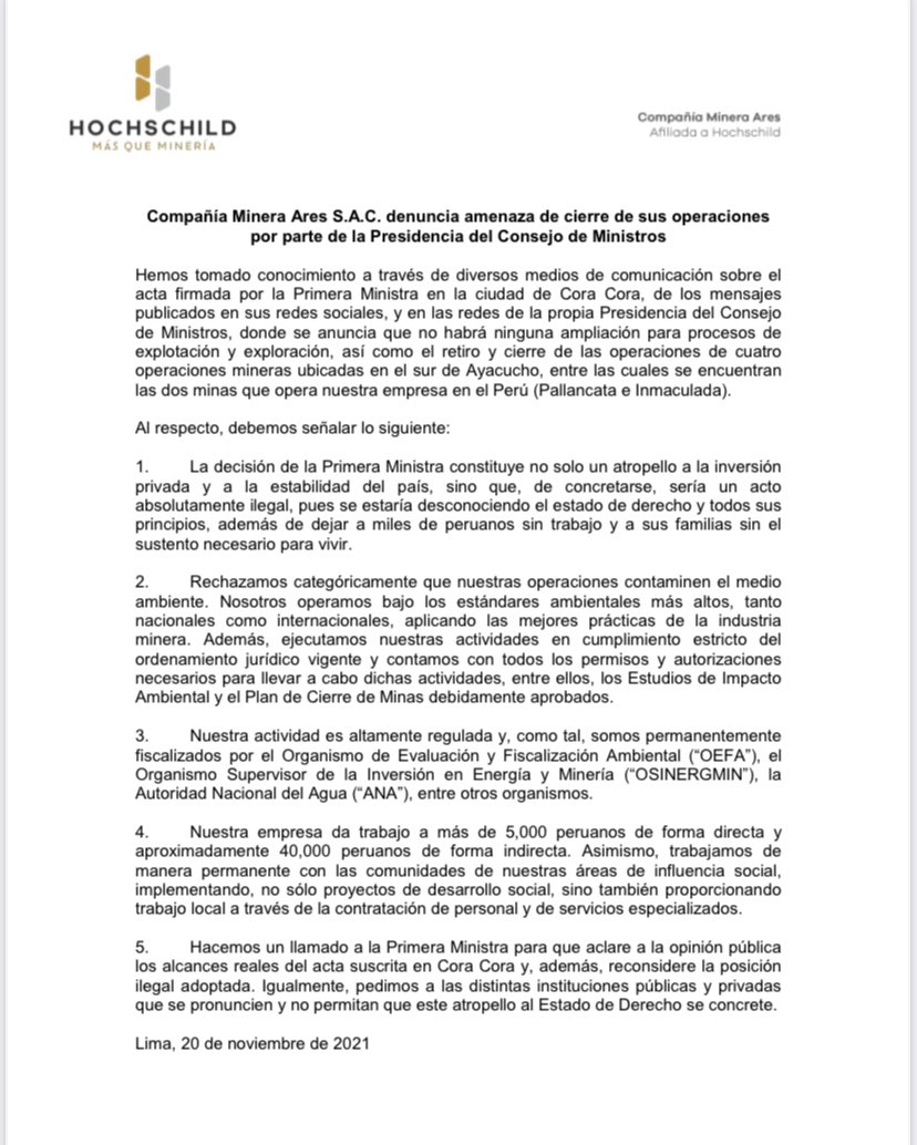 BelaundeRafael's tweet image. Hochschild, una de las empresas peruanas de mayor prestigio en el mundo. Que cotiza en la bolsa de Londres, lo que la obliga a seguir los parámetros más exigentes de gobiernos corporativo,ha tenido que denunciar la conducta vandálica y saboteadora de la Premier Mrta Vásquez.