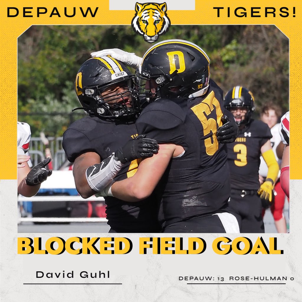BLOCKED!! 🙅‍♂️

David Guhl blocks the Rose-Hulman field goal attempt and the #Tigers stay on top, 13-0. 

#WinTheDay