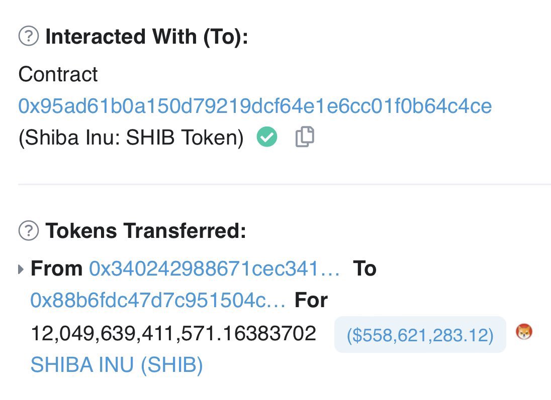 BREAKING: This is huge. A new Shiba Inu whale just purchased $558,621,283.12 USD worth of $SHIB. 🐳 

Very bullish. They must know a rise is coming. 

SOURCE: etherscan.io/tx/0x7e823084d…