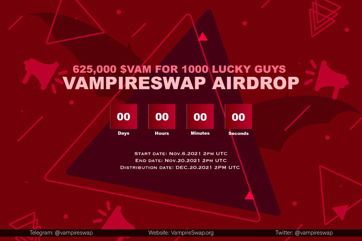 Dear #VampireSwap Lovers, we’re happy to announce finish the Airdrop event. 🎉🎉🎉. In 2 weeks, we achieved: 
👉 12k+ followers on Twitter
👉 5k+ members on Telegram
👉 1,8k+ members on Discord
Thanks &amp; distribution will be followed the schedule.

Next is Token releasing!! 🚀🚀