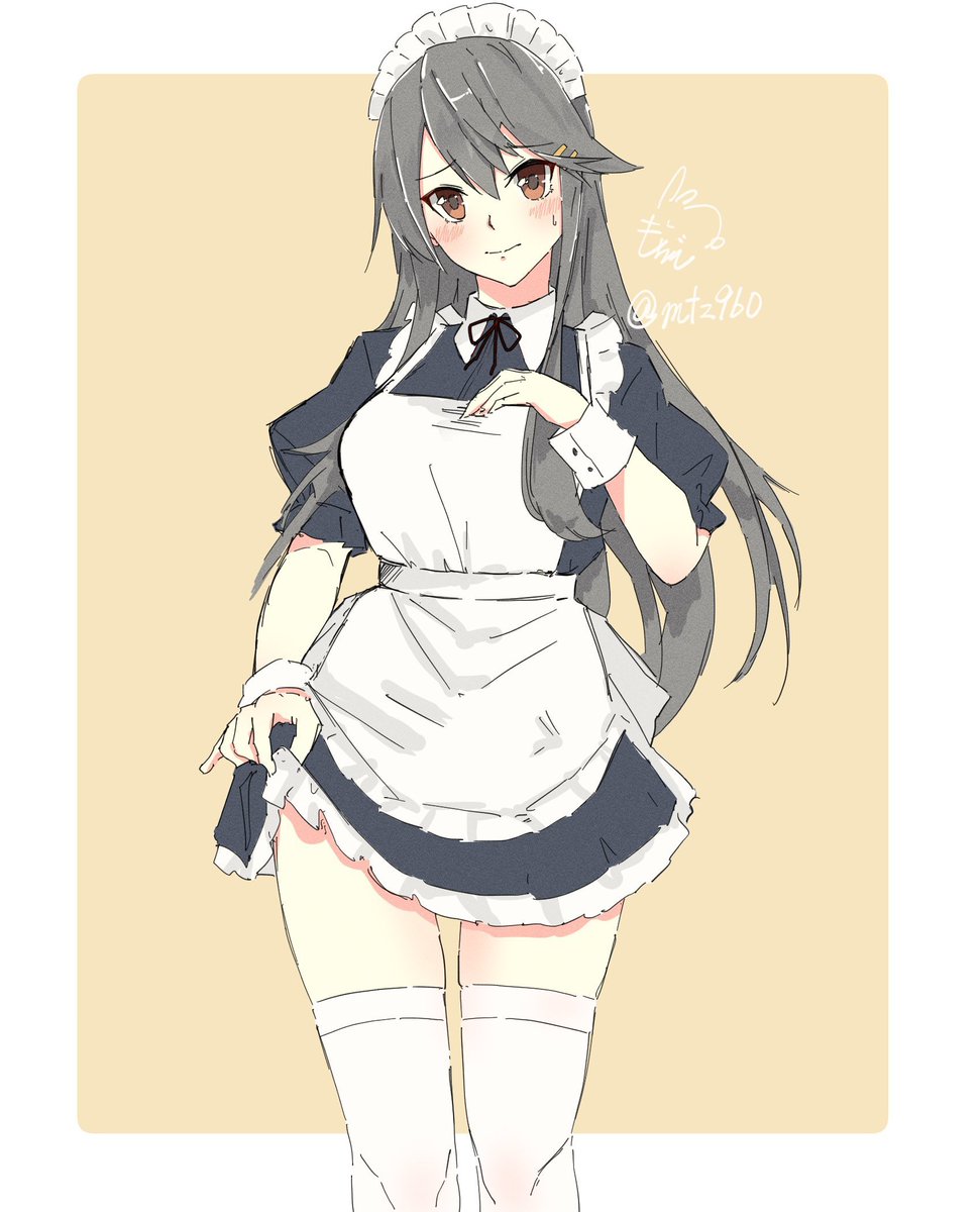 haruna (kancolle) 1girl solo frilled apron long hair apron alternate costume white apron  illustration images