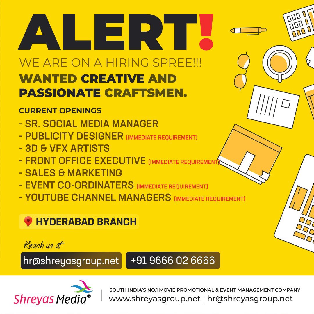 Here's a heap of opportunities for you to grab and grow 🤘 Join our team of expert craftsmen choosing your niche from the available openings above. Logon to shreyasgroup.net/careers to apply online. #Hyderabad #HyderabadJobs #ShreyasMediaJobs #ShreyasMediaHirings