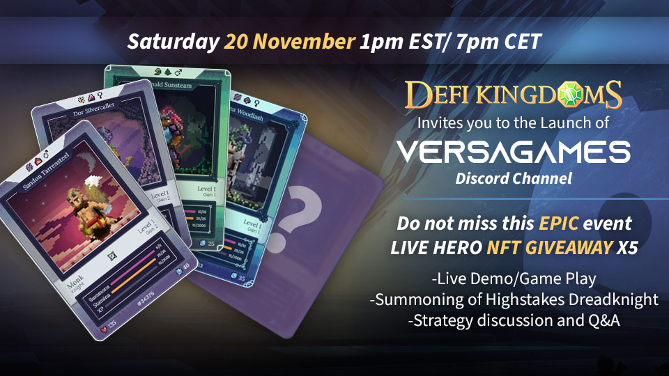 🚨VersaGames Launch Sessions update!🚨 

Due to overwhelming response 😍

Doubling down on our @DefiKingdoms #NFTgiveaway 

Value of all 5 (+ ?) from $5k to $10k!!🤑

To qualify👇

Retweet 👋
Join Discord discord.gg/HWcV8Ea2TY
Be @ the event ⚔️

Join the future of #Web3 Gaming!