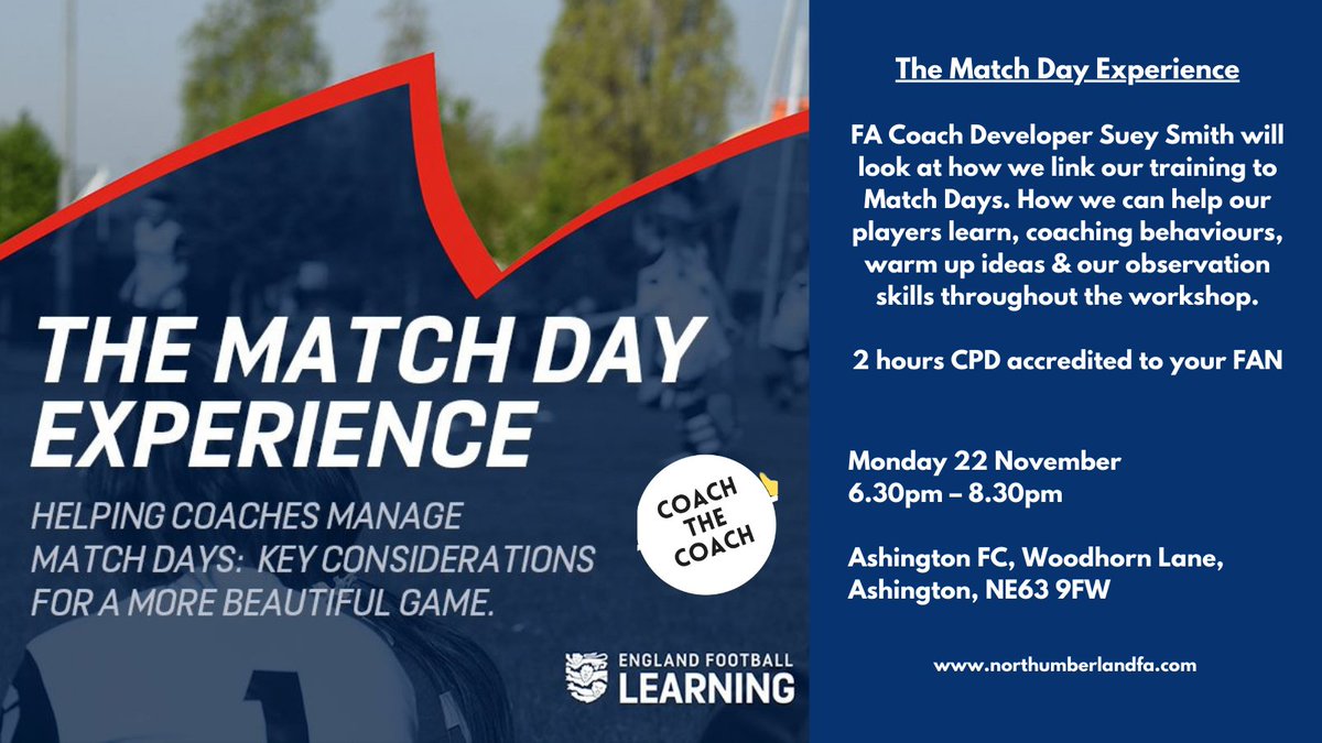 NorthumFA's tweet photo. COACHES | Join us for an FA Learning Workshop with Suey Smith worth 2 hours CPD
@suey_smith 
We'll look at the match day experience, coaching behaviours, warm up ideas &amp; observation skills 

 Mon 22 Nov 6.30pm–8.30pm
Ashington FC NE63 9FW
 £5 

Book here: https://t.co/jOm31wvJyh https://t.co/Puy30XIAKj