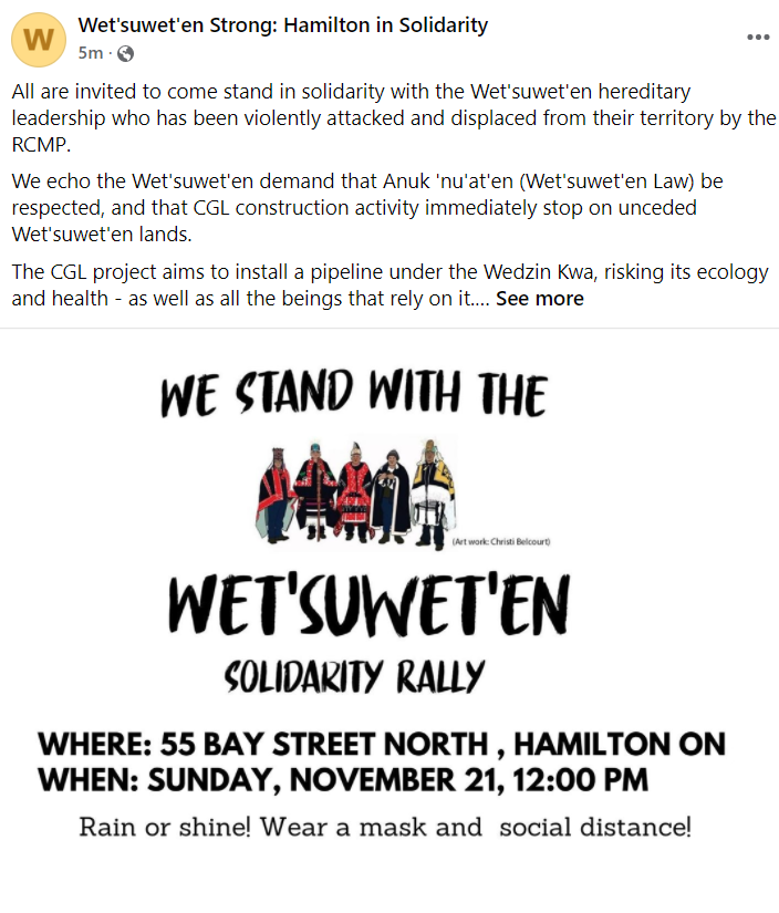 A rally is taking place in #HamOnt in solidarity with #AllOutForWedzinKwa. 55 Bay Street North at 12 PM Sunday in front of the federal building. 

For more context on the issue:
Yintahaccess.com
IG: @yintah_access
Twitter: 
@Gidimten

TikTok: gidimtencheckpoint