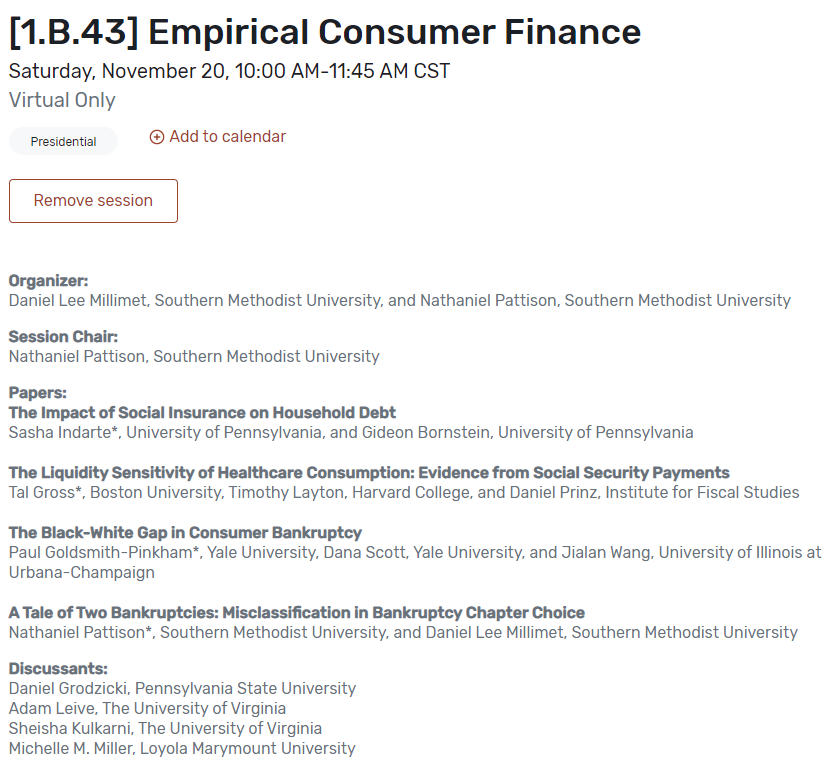 Interested in empirical work on consumer finance? Come check out our #SEA2021 virtual session at 10am today! My awesome junior colleague @NatePattison will be presenting our work, @paulgp supposedly has a cameo appearance, @SashaIndarte, @talgross, and several more!