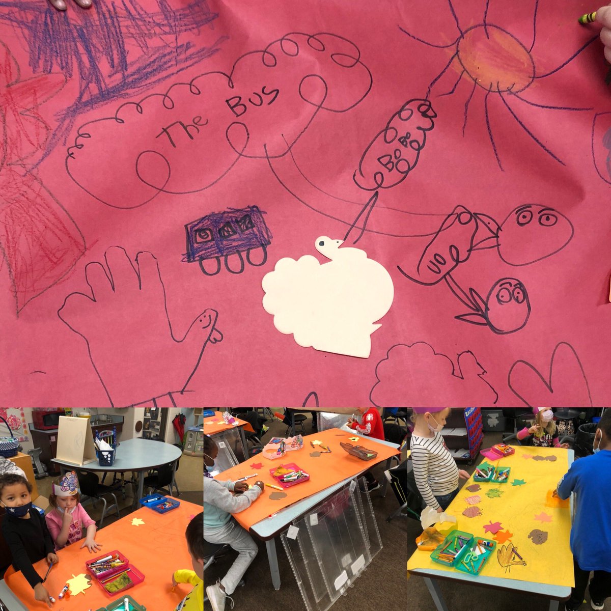 jeffersonkind's tweet photo. We made tablecloths for our thanksgiving feast! One student decided to draw like Mo Willems! #thejwcs https://t.co/tUvJxPYFxe