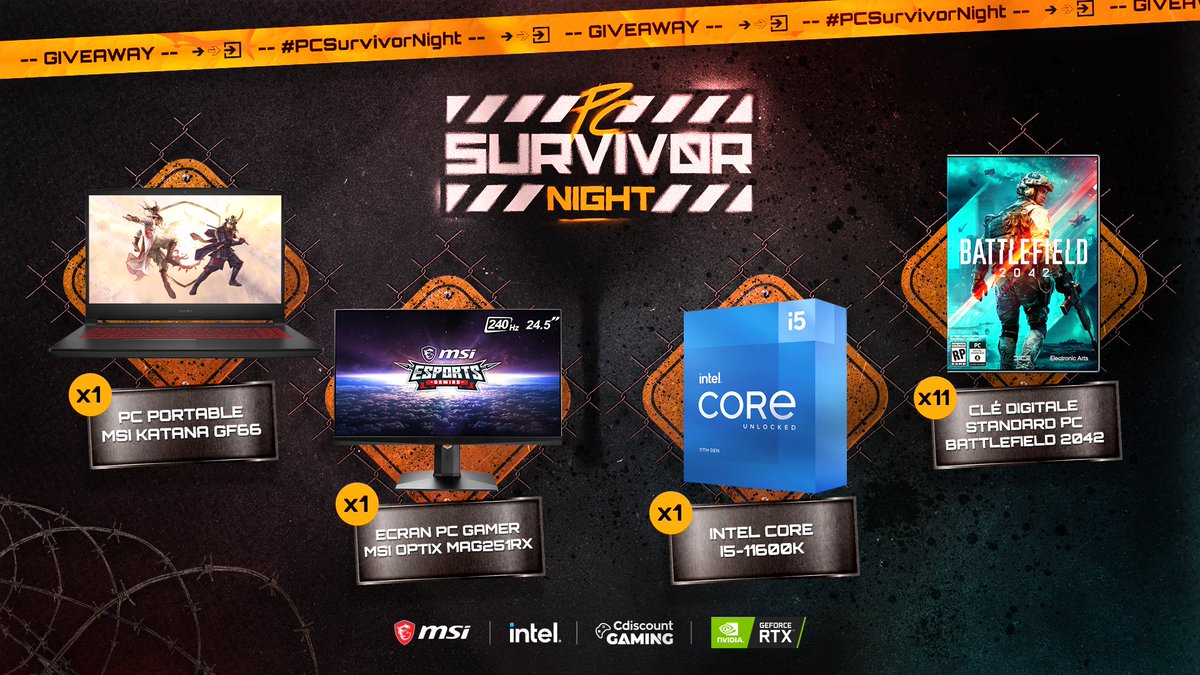 [⚠#GIVEAWAY⚠] en partenariat avec <a href="/CdiscountGaming/">Cdiscount Gaming</a>  <a href="/msifrance/">MSI France</a> <a href="/IntelFrance/">Intel France</a> pour vivre l’expérience #RTXOn PC gaming ultime !

POUR PARTICIPER :
➡ RT + Commente avec #PCSurvivorNight
➡ JOUE sur le Gleam : bit.ly/3CNk8fn

🏁 TAS : 29/11/21