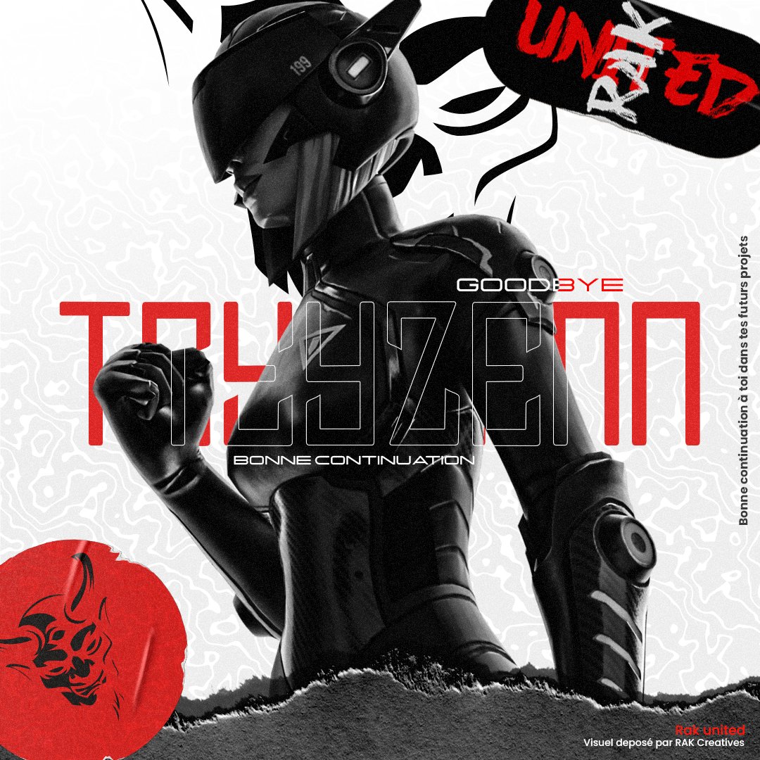 Premières annonces du jour. 

Nous nous séparons des joueurs <a href="/DaZzFN/">dazz 🐺</a> et @Teyzennn ⛏️

Nous vous souhaitons bonne continuation et espérons la réussite dans vos projets 🦾Encore merci pour votre investissement dans la RAK 👹

#RAKLEAVE #RAKONTOP