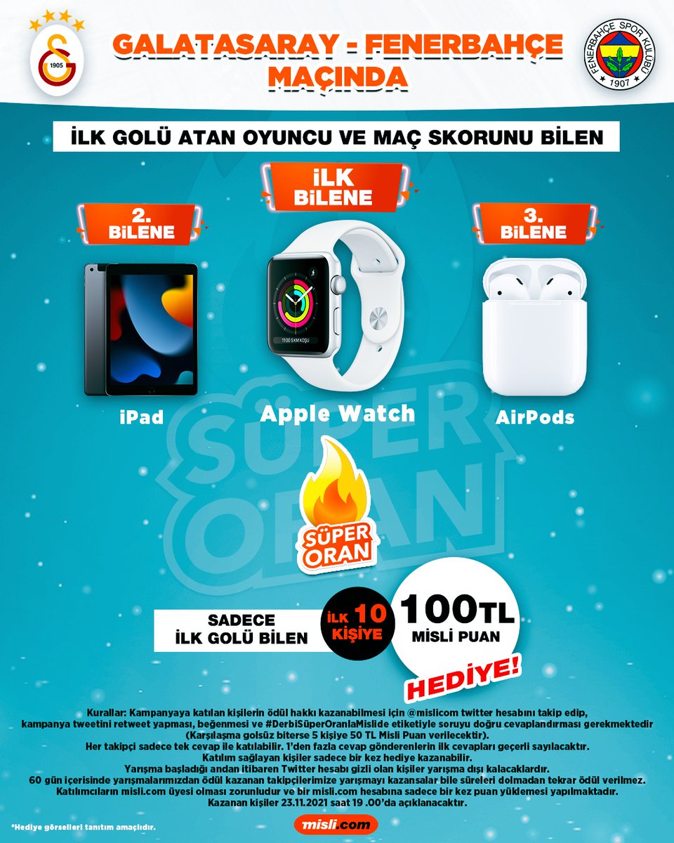 🎁 Galatasaray - Fenerbahçe derbisinde ilk golü hangi oyuncu atar ve maç kaç kaç biter?

🔥 İlk bilene Apple Watch
🔥 2. bilene iPad
🔥 3. bilene AirPods

👉 <a href="/mislicom/">misli</a> takip et
👉 Retweet yap, beğen
👉 #DerbiSüperOranlaMislide etiketiyle cevabını gönder
👉 Kurallar görselde.
