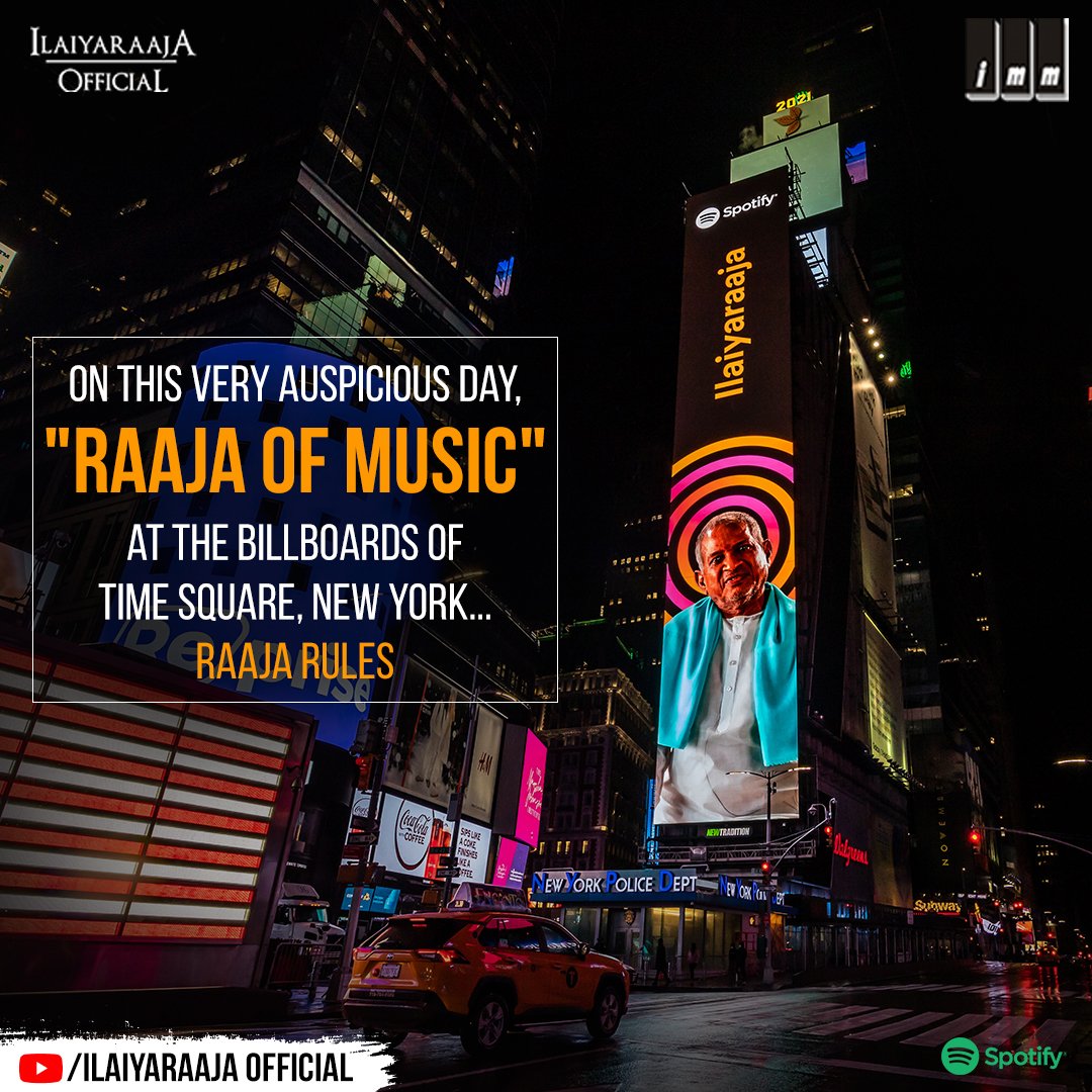 On this very auspicious day, 'Raaja of music' at the Billboards of Time Square, New York... Raaja Rules

@Spotify @forpodcasters @spotifyindia  #Ilaiyaraaja #rajarules #Ilayaraja #RaajaOnSpotify #Ilaiyaraja