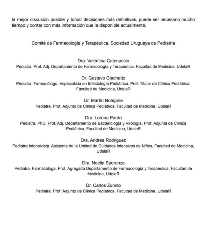 Ni a favor ni en contra.
INFORMACIÓN
Siete Profesores de la Fac.deMedicina ,integrantes del Comité de Farmacología de la Soc.Uruguaya de Pediatría,”no consideran oportuno ofrecer una vacuna aprobada para uso de emergencia de forma universal en menores de 12 años”.
“Posición”: