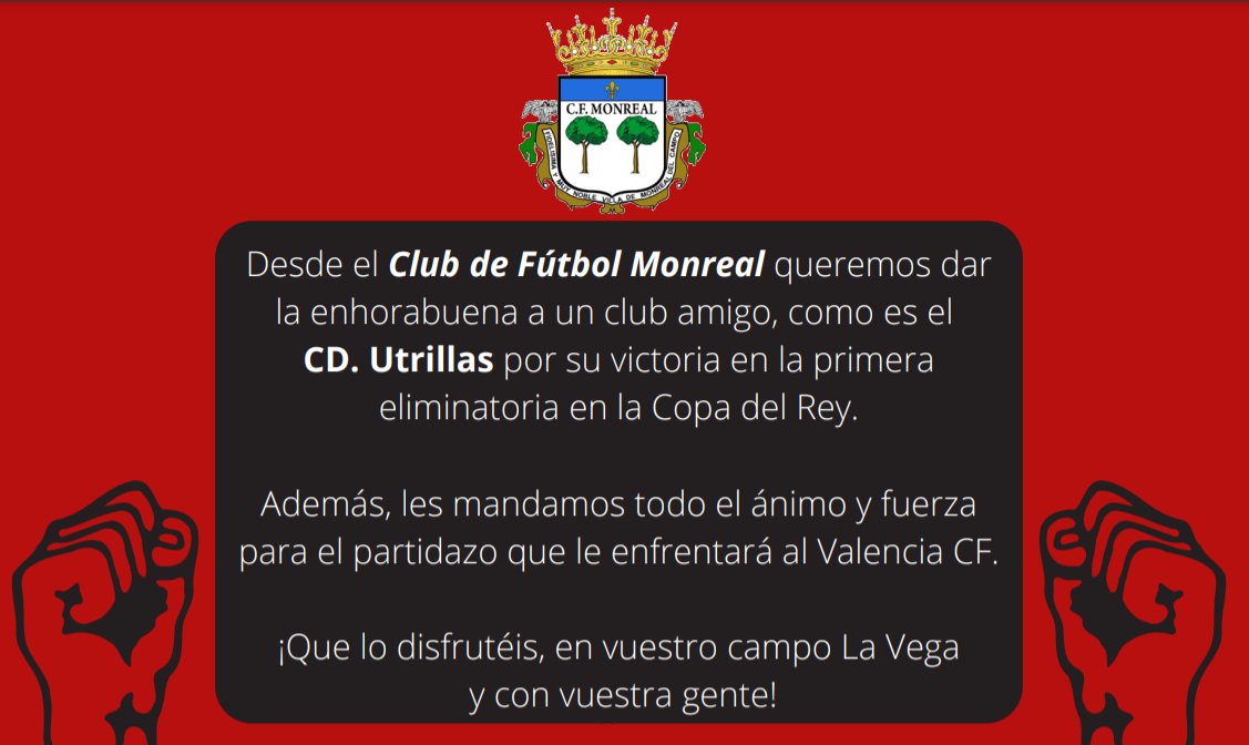 Hola <a href="/cdutrillas1958/">CD Utrillas</a> , Enhorabuena por vuestro pase a la siguiente eliminatoria de la Copa del Rey. Ahora a disfrutar y competir contra el <a href="/valenciacf/">Valencia CF</a>

En vuestro campo y con vuestra afición 👏💪⚽