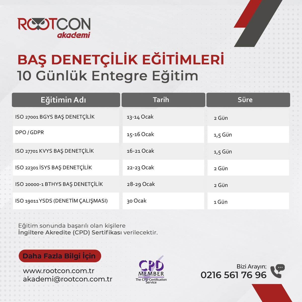 RootconAkademi's tweet photo. Baş Denetçilik Eğitimleri
10 Günlük Entegre Eğitim

Rootcon Akademi ile hayallerinizdeki sektöre bir adım daha yaklaşın...

Tarih: 13- 30 Ocak
👨‍🎓 İngiltere Akredite (CPD) Sertifikası

Bilgi almak için;
☎️ 0 216 561 76 96
✉️ akademi@rootcon.com.tr

#iso #basdenetcilik #gdpr #dpo https://t.co/qquad84eG5