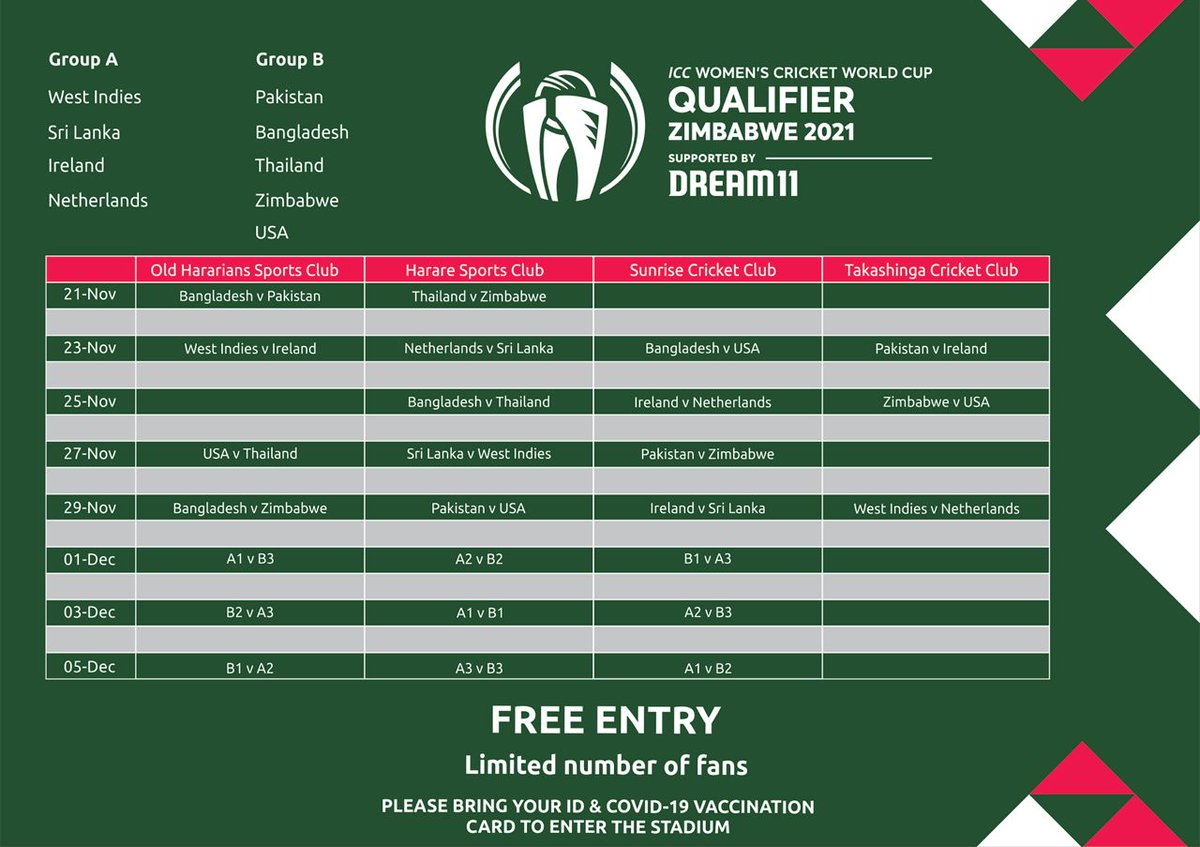 Mark your calendar and be there to support women's cricket as teams battle it out in the <a href="/ICC/">ICC</a> Women's Cricket World Cup Qualifier. Free entry for vaccinated fans at four venues in Harare.
 
#CWC22 #LetsShowThem