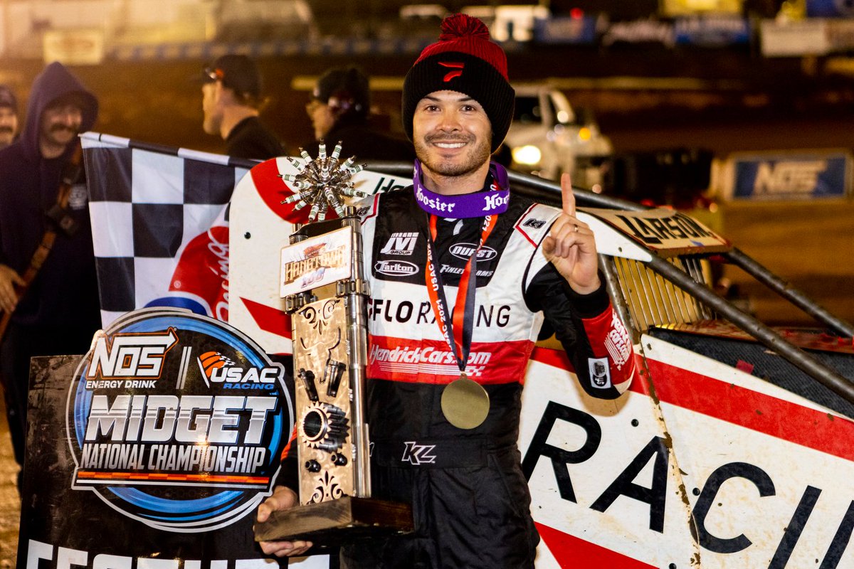 NASCAR's tweet photo. The reigning NASCAR Cup Series champion is back in Victory Lane! 

@KyleLarsonRacin took home the 🏁 last night at Placerville Speedway! https://t.co/AlYFCF9lbS