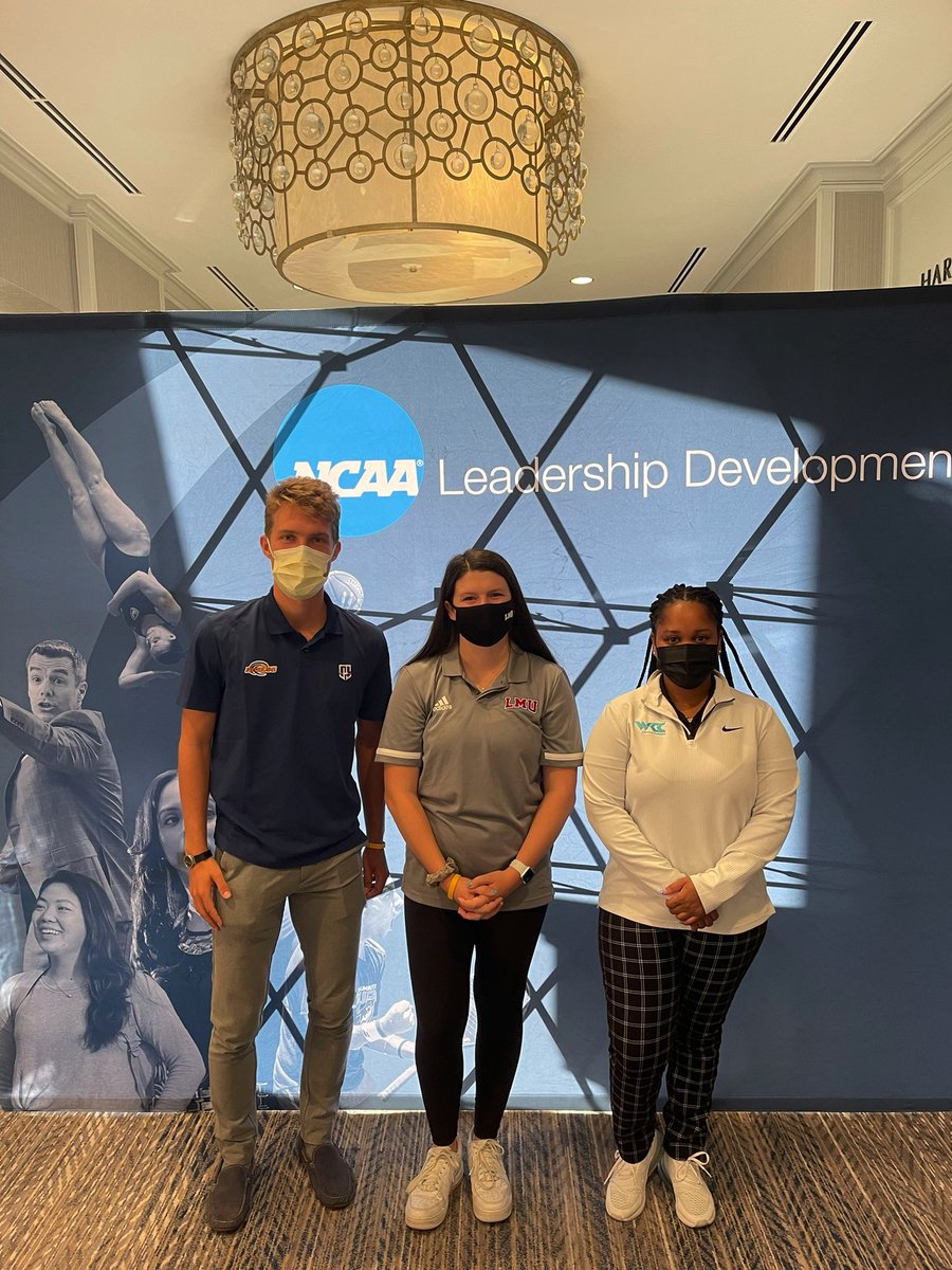 With our amazing @WCCsports student-athletes Tim Zeitvogel (@PeppTennis, @PepperdineWaves) and Bailey Woinarwicz (@lmulionsWSWIM, @lmulions) at the NCAA Student-Athletes Leadership Forum #NCAAsalf! #NCAALearnLead #salf21yellow #salf21black