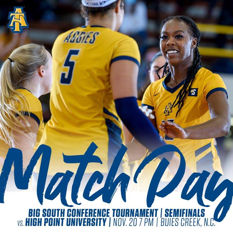 NCATAGGIES's tweet photo. Matchday: The fourth seeded @NcatVolleyball faces the top seed High Point Saturday at 7 p.m. in the semifinals of the @BigSouthSports Tournament in Buies Creek, N.C. https://t.co/4mAWRQBeKA