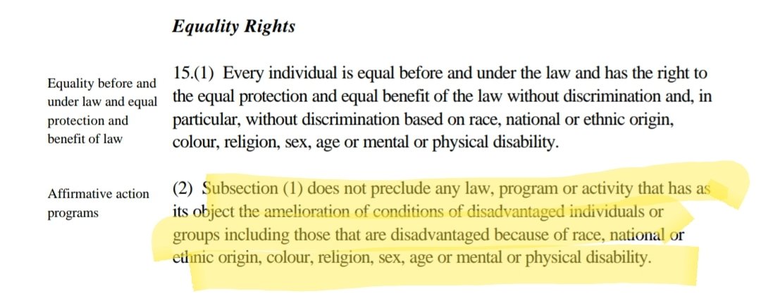 DrJacobsRad's tweet image. As inherently unfair as this is, it may be legal under the Charter of Rights and Freedoms Section 15 which allows for affirmative action to trump equality.

While I don't think this was the intent of the clause, this certainly shows how it can be abused.

#Cdnpoli #CanLaw #Canlii