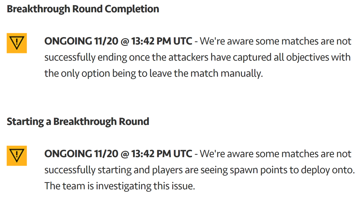 BFBulletin's tweet photo. NOTICE: EA DICE is investigating two issues on Breakthrough mode. The first with round completion once the attackers have captured all objectives, and the second when some matches are not successfully starting and players are seeing spawn points to deploy onto #Battlefield2042 https://t.co/PiZmW6Y8Ai