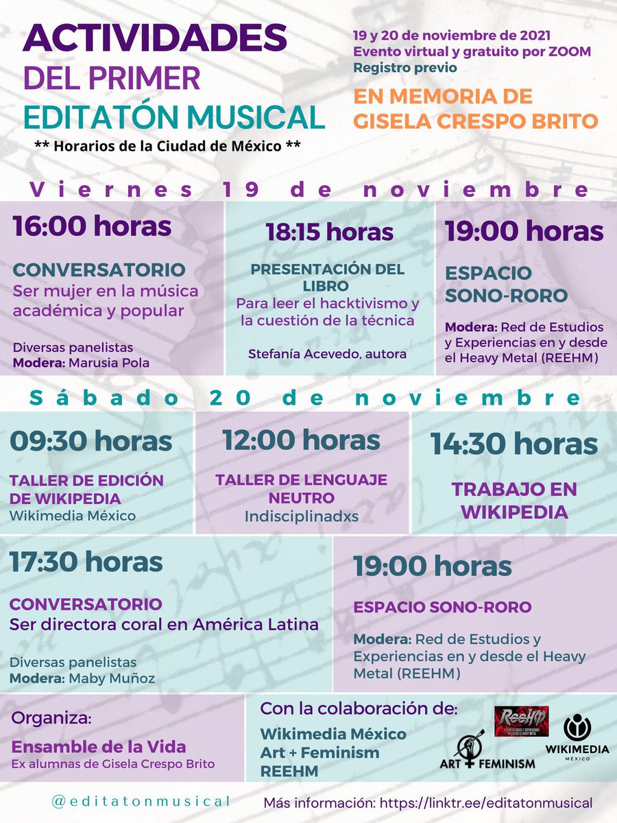 Wikimedia_mx's tweet photo. 👀Seguimos con todo en el primer @editatonmusical 

📚A las 9:30 h tendremos un taller de edición Wikipedia, seguido por un taller de lenguaje neutro y un editatón para visibilizar a más mujeres en la música 

💪🏾Resonamos juntas https://t.co/vl3D7xRapy