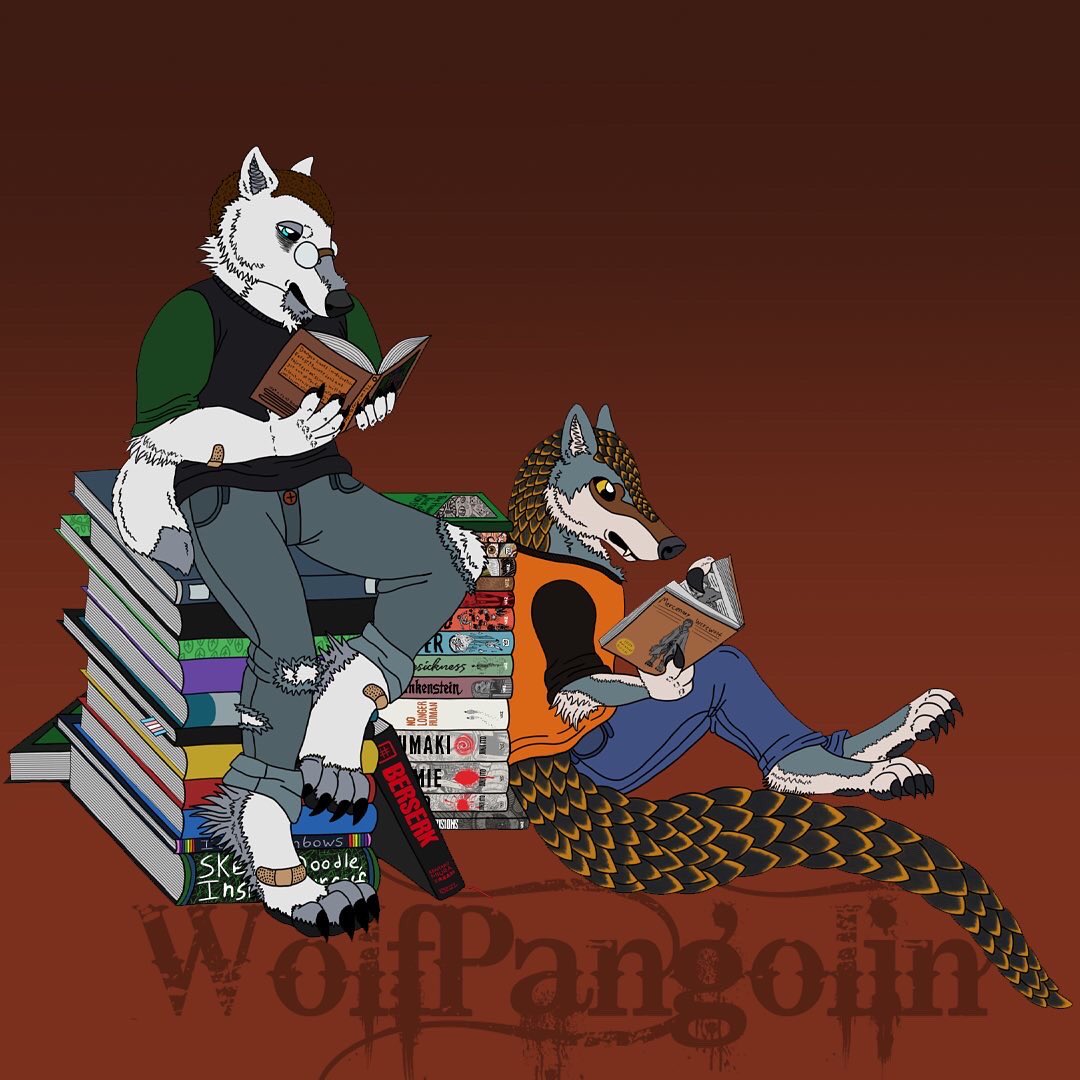 Wolfpangolin's tweet photo. I am really happy with how this turned out, this is the first proper drawing with Lucas and the redesign of Kiba in the same drawing. (also yes that one pile of books is pretty much all Junji Ito books and I own all the ones drawn U:< the obsession is real.) https://t.co/ipMG2SgB11