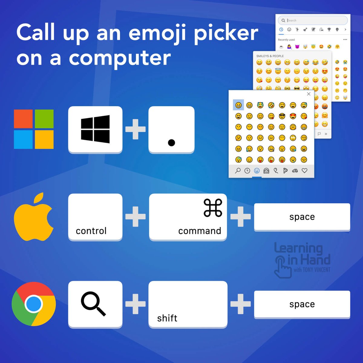 tonyvincent's tweet image. ⌨️ You can get quick access to an emoji picker on a Windows, Mac, or Chromebook computer with a keyboard shortcut. Be sure your cursor is placed where you can input text. 💻😁👍