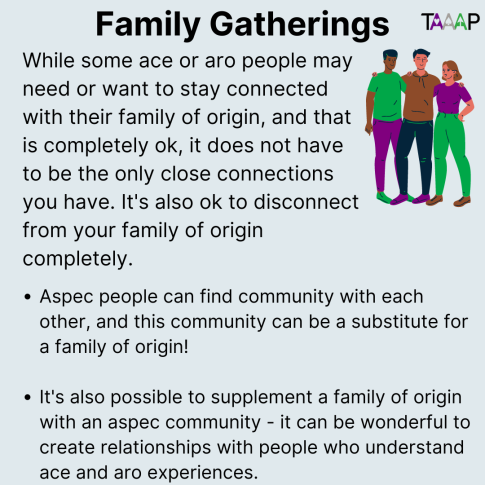 TAAAP_org's tweet photo. Many #aro and #ace people will be seeing family in the coming months. 

Hopefully your family is supportive, but if they're not, here's some advice, and remember that you have a community of #aspec folks who will be there for you!

How do you handle family get-togethers? https://t.co/Inw1a06WAC