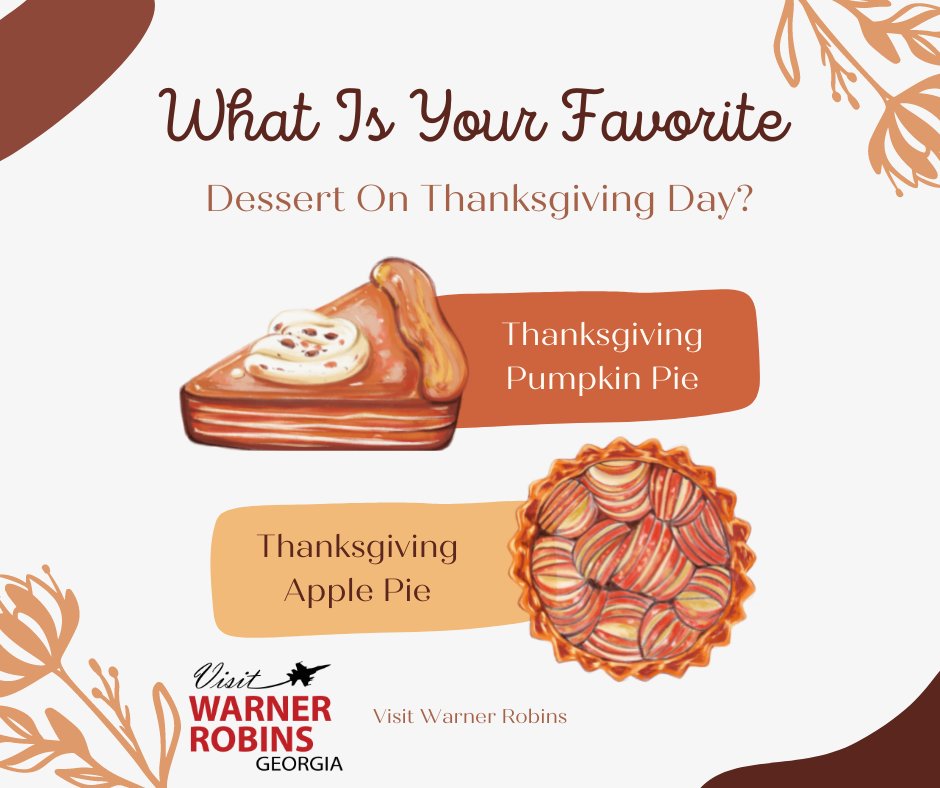 warnerrobinscvb's tweet photo. This or that Saturday...Thanksgiving Edition!

Pumpkin Pie OR Apple Pie??  We are TEAM PUMPKIN here at Visit Warner Robins!

#visitwarnerrobins #explorewarnerrobins #Thanksgiving2021 #ApplePie #PumpkinPie https://t.co/XTkwY0vVcX