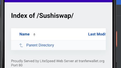 ⚠️⚠️⚠️SCAM ALERT⚠️⚠️⚠️

Don't install any sushi apps on your phone! They 
are malware!

📱com.wallet.sushiswap <a href="/GooglePlay/">Google Play</a> 
⚠️/tranferwallet.org <a href="/Namecheap/">Namecheap.com</a> 

<a href="/dubstard/">Mich</a> <a href="/ActorExpose/"> IPAE!</a> <a href="/CryptoPhishing/">Crypto Phishing 🎣</a> <a href="/CryptoScamDB/">CryptoScamDB 🤖</a> <a href="/JAMESWT_MHT/">JAMESWT_MHT</a> <a href="/JCyberSec_/">Jake | JCyberSec_</a>  <a href="/phishunt_io/">phishunt.io</a> <a href="/sniko_/">Sniko</a> <a href="/nullcookies/">nullcookies</a>