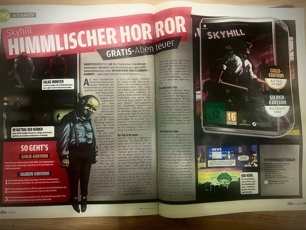 skyhillgame's tweet photo. Just want to save it for history. Huge article about Skyhill (2015) in German magazine “Computer Build Spiele”. @CBSpiele #gamedev #indiedev https://t.co/R7rPMcueOd