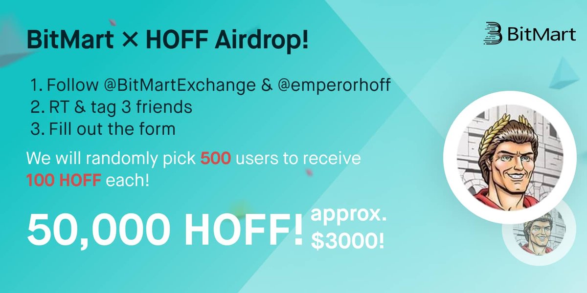 🎉To celebrate @emperorhoff listing, we’re giving away 50,000 HOFF!
 
1⃣ Follow <a href="/BitMartExchange/">BitMart</a> &amp; @emperorhoff
2⃣ RT and tag 3 frds 
3⃣️Fill out: forms.gle/NaYiN8oFozVtBg… 
 
✨ 500 lucky winners receive 100 HOFF each !
⏰ Enter by 11:59 PM EST Nov 23