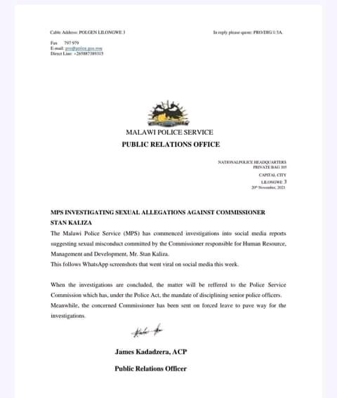 malawi_24's tweet photo. KALIZA ON FORCED LEAVE!!!

Malawi Police Service as sent on forced leave its Commissioner responsible for Human Resource, Management and Development, Stan Kaliza following Social media reports of sexual misconduct levelled against him. https://t.co/tYZysSfGYp