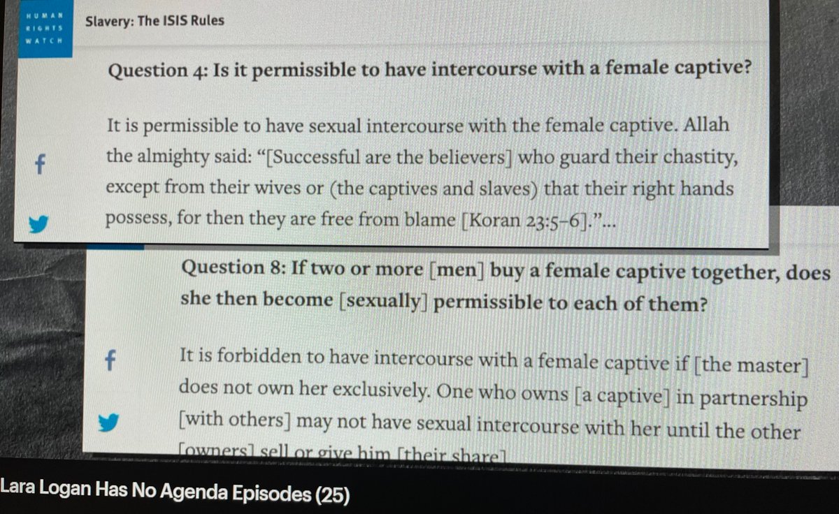laralogan's tweet image. LARA LOGAN: Global Extremism, Part 3 - 

How young does ISIS take a sex slave? Nine years old. 

mf.tt/eDzUd4 #NoAgendaLara .@laralogan